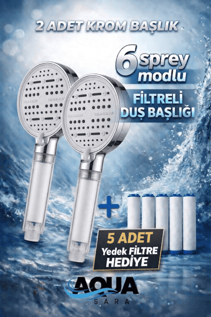 2 Adet 6 Fonksiyonlu Filtreli Duş Başlığı +5 Adet Filtre
