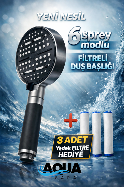 6 Fonksiyonlu Filtreli Duş Başlığı +3 Adet Filtre