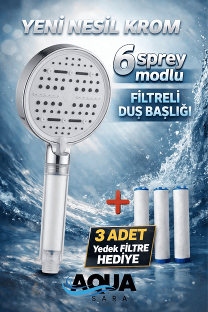 6 Fonksiyonlu Filtreli Duş Başlığı +3 Adet Filtre