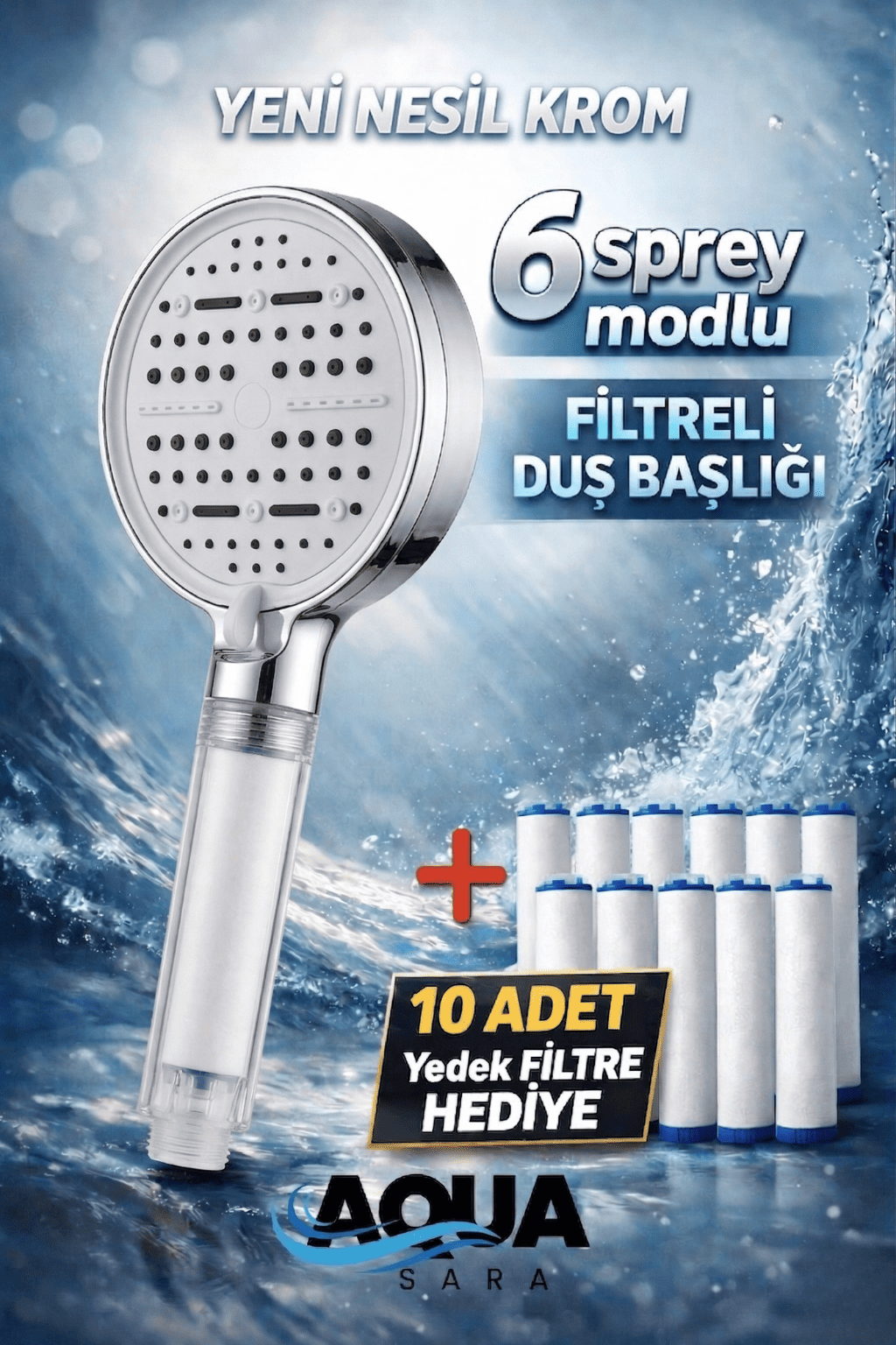 6 Fonksiyonlu Filtreli Duş Başlığı +10 Adet Filtre