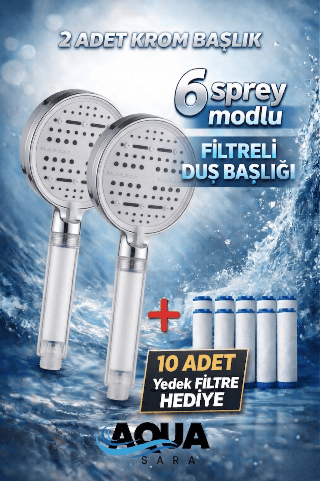 2 Adet 6 Fonksiyonlu Filtreli Duş Başlığı +10 Adet Filtre