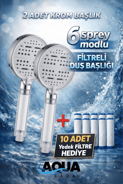 2 Adet 6 Fonksiyonlu Filtreli Duş Başlığı +10 Adet Filtre