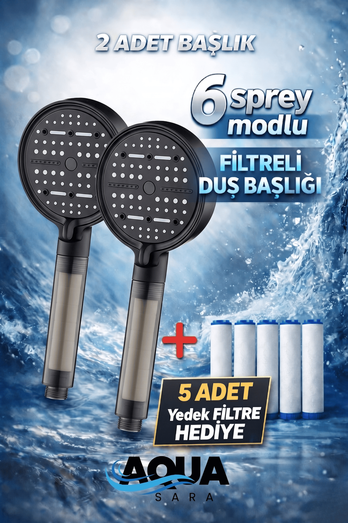 2 Adet 6 Fonksiyonlu Filtreli Duş Başlığı +5 Adet Filtre