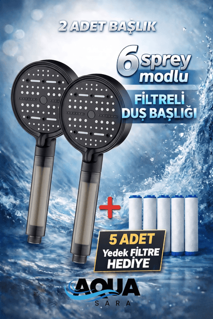 2 Adet 6 Fonksiyonlu Filtreli Duş Başlığı +5 Adet Filtre
