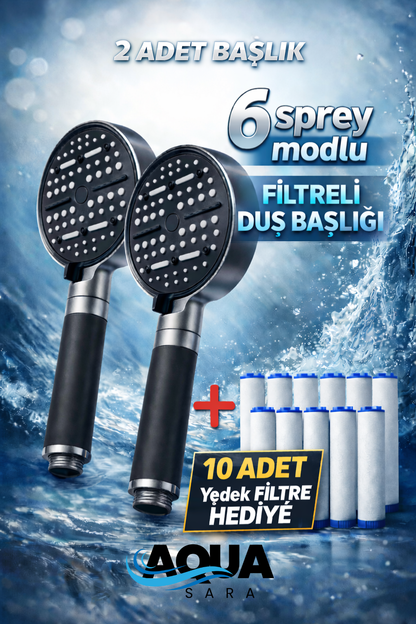 2 Adet 6 Fonksiyonlu Filtreli Duş Başlığı +10 Adet Filtre
