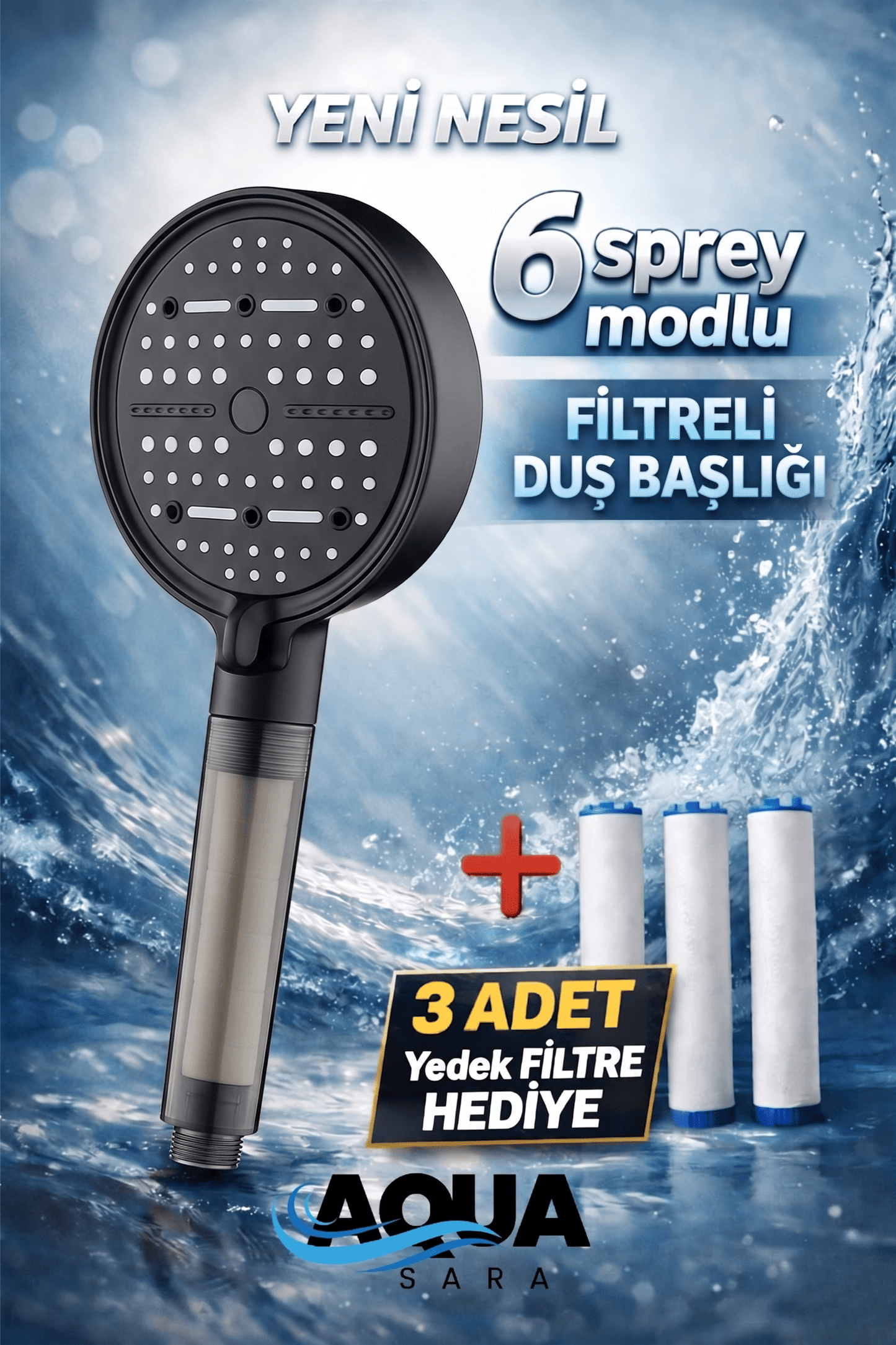6 Fonksiyonlu Filtreli Duş Başlığı +3 Adet Filtre