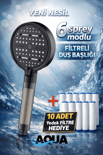 6 Fonksiyonlu Filtreli Duş Başlığı +10 Adet Filtre