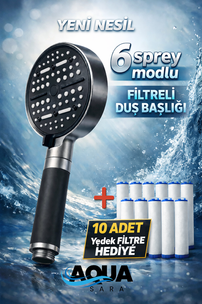 6 Fonksiyonlu Filtreli Duş Başlığı +10 Adet Filtre