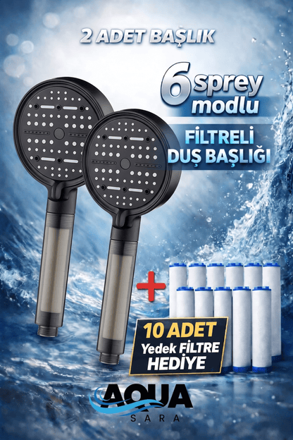 2 Adet 6 Fonksiyonlu Filtreli Duş Başlığı +10 Adet Filtre